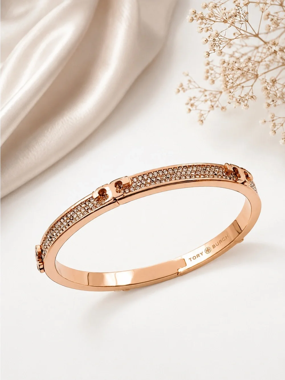 Tory Burch Serif-T pavé hinged bracelet in Rose Gold
